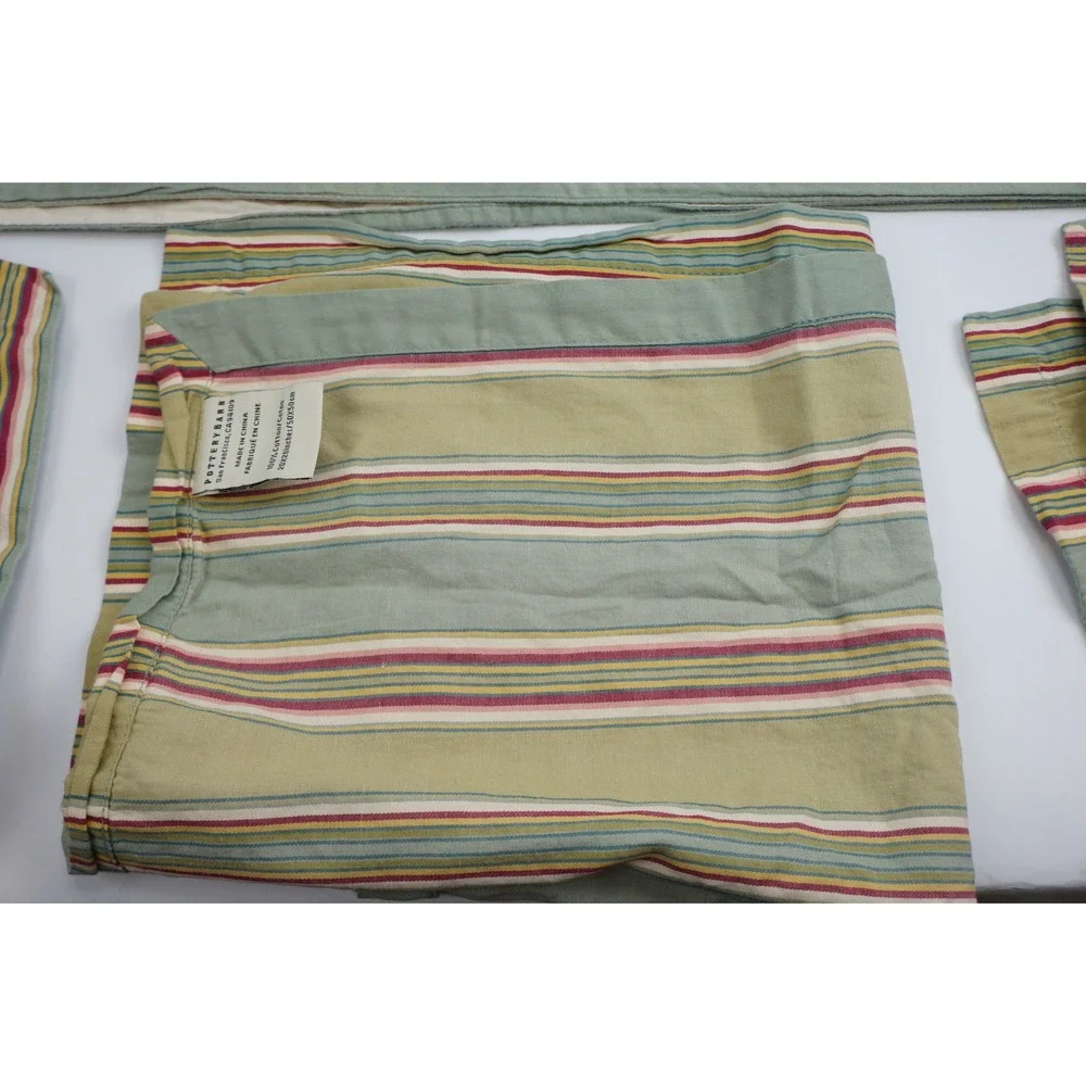 Pottery Barn Table Runner Napkins Set Green Striped Cotton Excellent